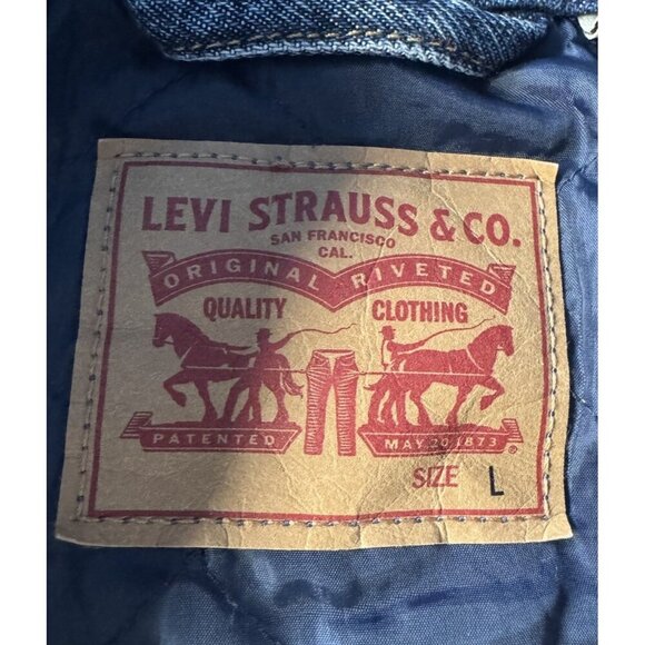 Levi’s Women's Sz L Pieced Sherpa Ex-Boyfriend Blue Trucker Jacket - Picture 5 of 15